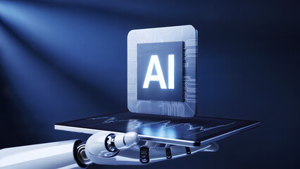 A robotic arm holding a tablet displaying an ai chip against a dark blue gradient background