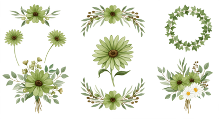 Watercolor wildflower floral illustration set with green gold daisy, ivy, eucalyptus, olive wreaths, frames, borders and bouquets, perfect for wedding stationery, greeting cards, fashion and textiles