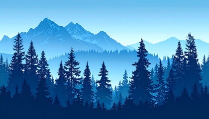 Silhouettes of mountains and trees in a cool blue landscape
