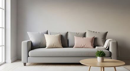 Elegant home interior showcasing a comfortable sofa with decorative pillows and a round coffee table enhancing the