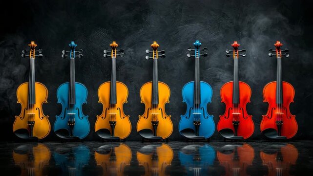 Colorful violins arranged in a row create a vibrant display of music instruments on a dark background