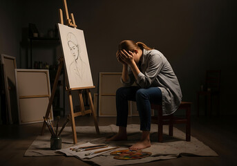 Struggling Artist Facing a Creative Block at Night