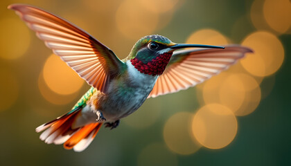 Fototapeta premium Colorful hummingbird frozen in mid-flight, glowing bokeh background, hyper-detailed feathers, cinematic close-up