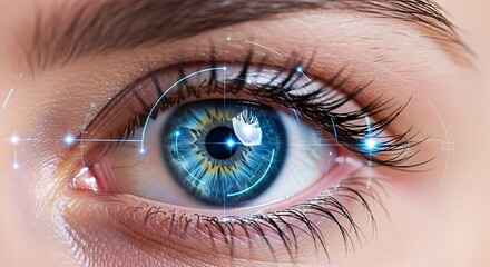Close up of a human eye with futuristic digital interface overlay.