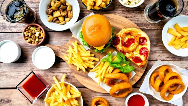 Delicious fast food spread with burger pizza fries and onion rings - Powered by Adobe