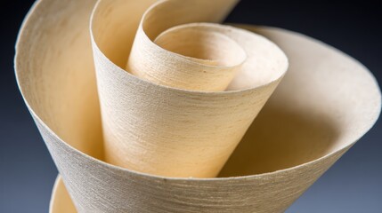 Abstract art of paper spiral forming a natural shape, providing artistic paper texture with elegant pattern against dark background.