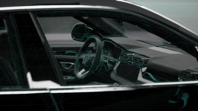 Digital Wireframe Blueprint Of Luxury Car Interior And Dashboard
