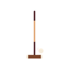 Simple illustration of a croquet mallet and ball on a white background.