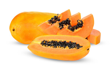 vibrant ripe papayas, whole and sliced, showcasing fresh tropical fruit on black