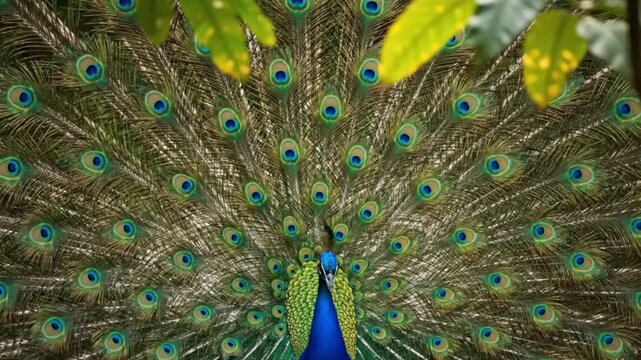 peacock with feathers out. The charm of the peacock. Beautiful peacock feathers.