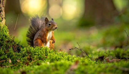 Obraz premium A detailed image captures a small squirrel in a forest setting, highlighted in natural light, standing on moss