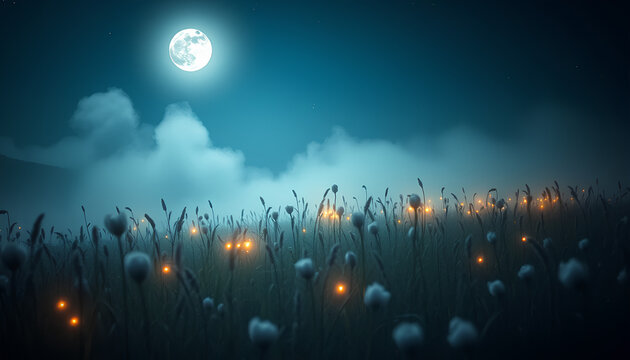 Cotton grass glowing in moonlight with mist and stars, mystical dreamy atmosphere, surreal fantasy countryside 2