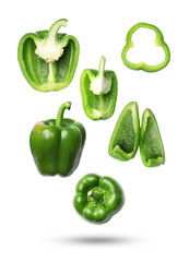 green bell pepper, whole and various cuts, isolated on a transparent background