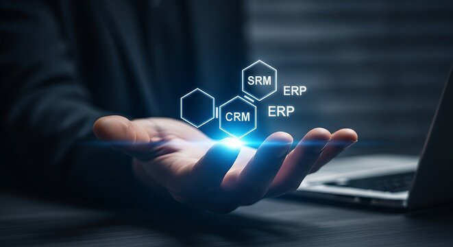 Businessman holds hand open displaying connected hexagons of CRM, SRM, and ERP systems