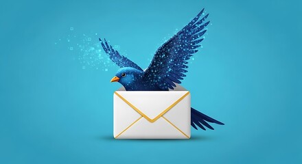 Digital blue bird emerging from a mail envelope representing fast communication.
