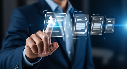 Businessman touching a digital interface displaying user profile and document icons technology