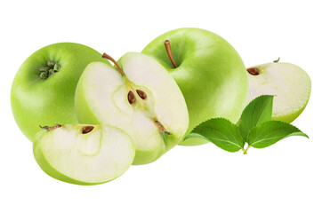 fresh green apples, whole and sliced, with vibrant leaves on a transparent background