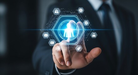 Businessman touching a glowing hexagonal interface with human icon and data symbols finger