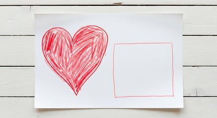 Childs Hand Drawn Red Heart on a Greeting Card.