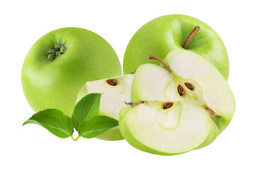 crisp green apples, whole and sliced, with fresh leaves