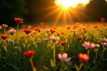 Naklejka premium Long shadows stretch across vibrant wildflowers bathed in golden hour sunlight , sunrise, field
