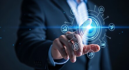 Businessman touching futuristic digital interface with glowing hub and icons finger