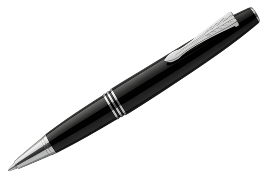 Elegant black ballpoint pen with silver accents ideal for business and personal use isolated on transparent background