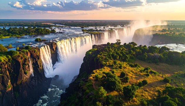 Aerial view of majestic Victoria Falls at sunset
