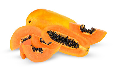 fresh ripe papaya fruit cut in half and wedges on transparent background