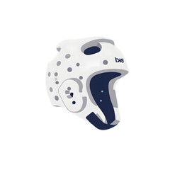 White protective headgear for martial arts sports or combat training featuring a perforated design and navy blue accents.