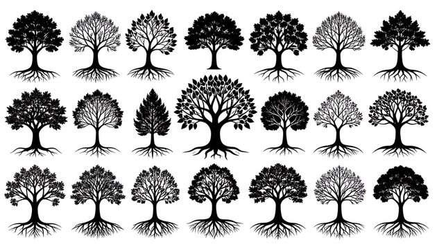 Silhouettes of various trees with roots