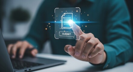 Finger pressing submit button on digital document submission interface form