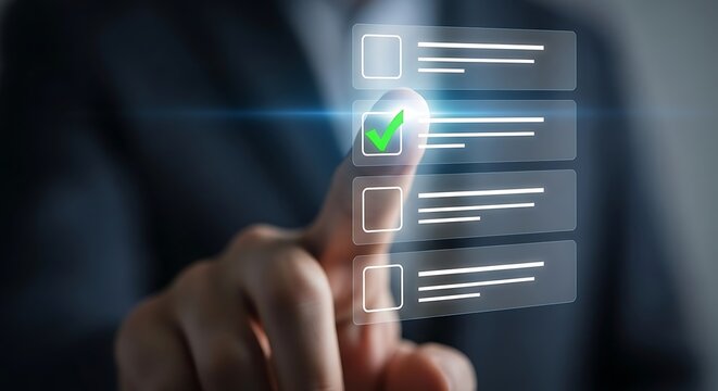 Finger pressing a checked box on a digital checklist interface checking checkbox
