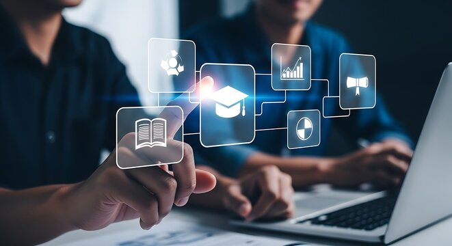 Finger Touching Graduation Cap Icon on Digital Screen education learning