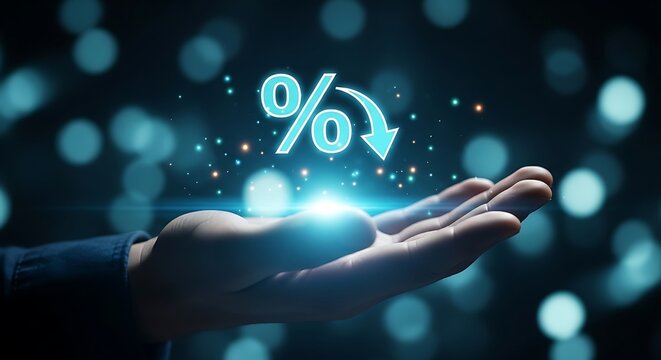 Hand holding digital percentage symbol with downward arrow icon discount sale