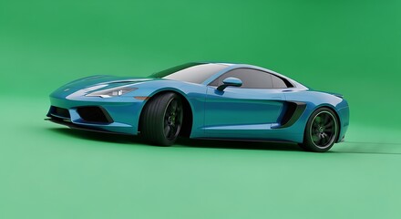 Blue Sports Car on Green Background Studio Shot.
