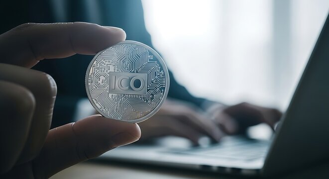 Hand Holding Silver ICO Coin with Circuit Board Pattern Near Laptop cryptocurrency digital currency