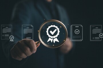 Businessman holding magnifying glass with certification approval icon,document verification,quality assurance,business compliance,legal audit,corporate standard checking,trust management solution