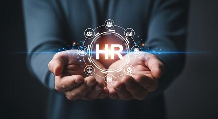 Hands holding digital interface with HR human resources icons and network personnel management