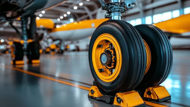 Close-up of airplane landing gear showing yellow wheels in an aircraft hangar during daytime