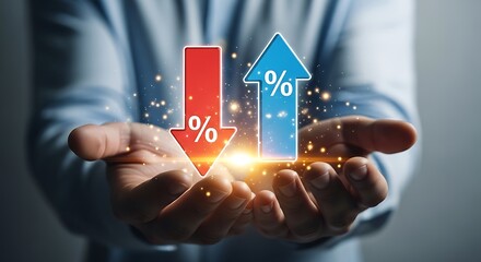 Hands holding up and down arrows with percentage signs symbolizing financial change finance