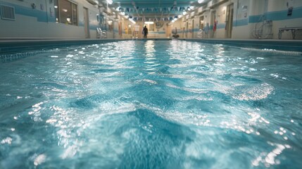 Indoor swimming pool with clear water, tiles, and a person walking in the background in a modern aquatic center or spa facility