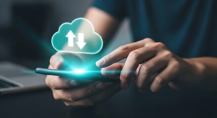 Hands using a smartphone with a glowing cloud upload download icon storage data