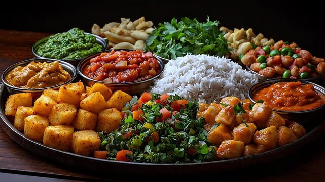 Abundant Vegan and Vegetarian Feast Platter with Basmati Rice Roasted Potatoes Lentil Curries and Fresh Greens