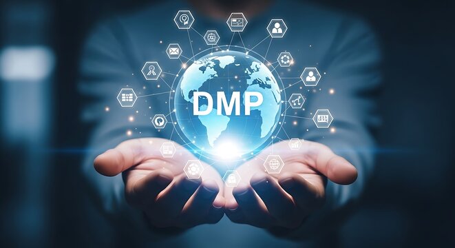 Person holding digital globe with DMP acronym and network icons data management