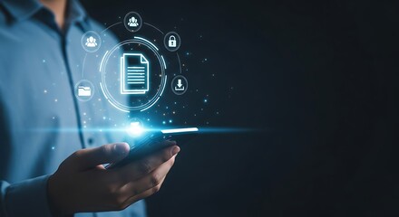 Person holding smartphone with digital document and network icons floating technology data
