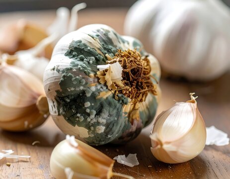 Moldy garlic bulb amongst fresh cloves on wooden surface