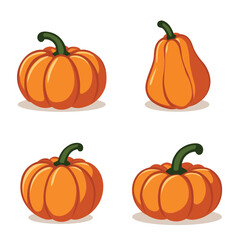 Various Orange Pumpkins with Green Stems on White Background