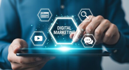 Person Holding Tablet Displaying Digital Marketing Hexagon with Icons business strategy