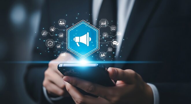Person holding smartphone with marketing megaphone icon and digital communication network advertising